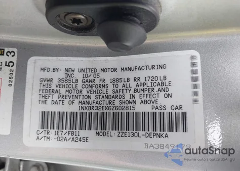 2006 Toyota Corolla Le from USA, damaged, VIN 1NXBR32EX6Z602815